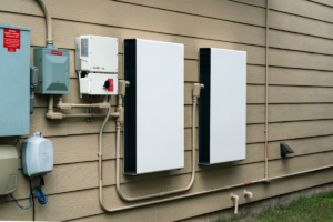 Two battery storage units installed on the side of a home