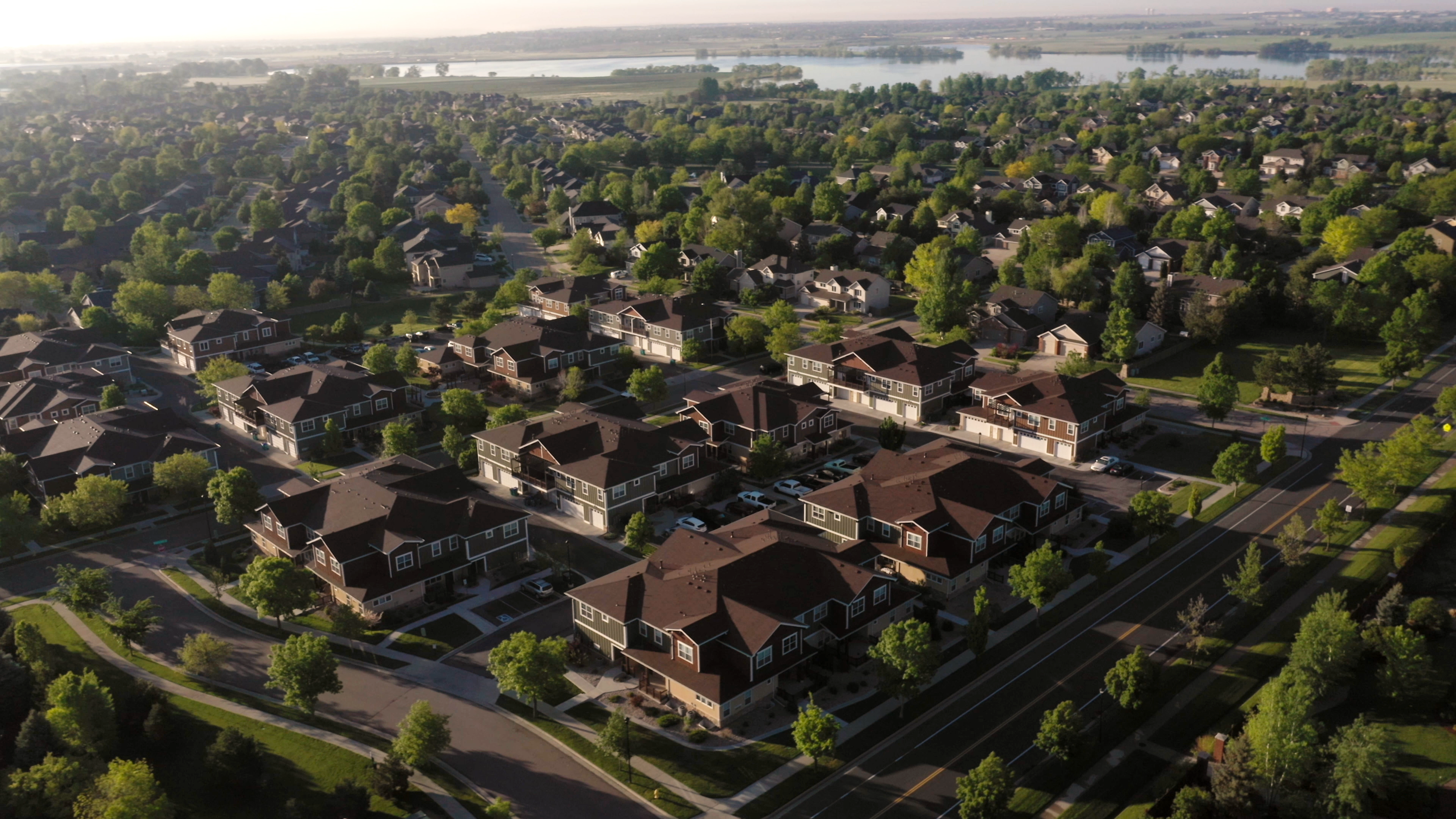 Wide aerial shot of a homes community in Northern Colorado