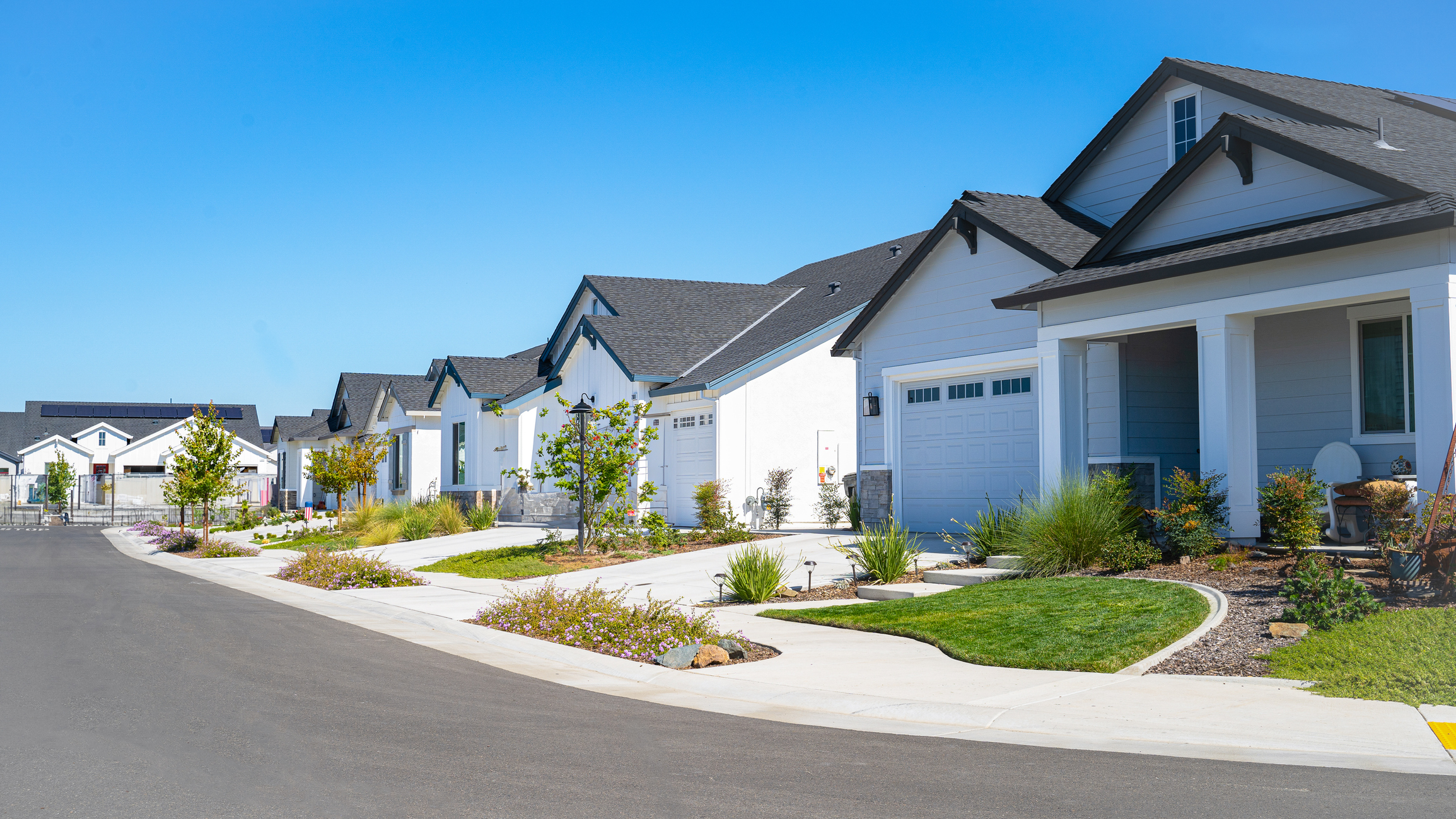 Wide shot of row of single story white suburban homes