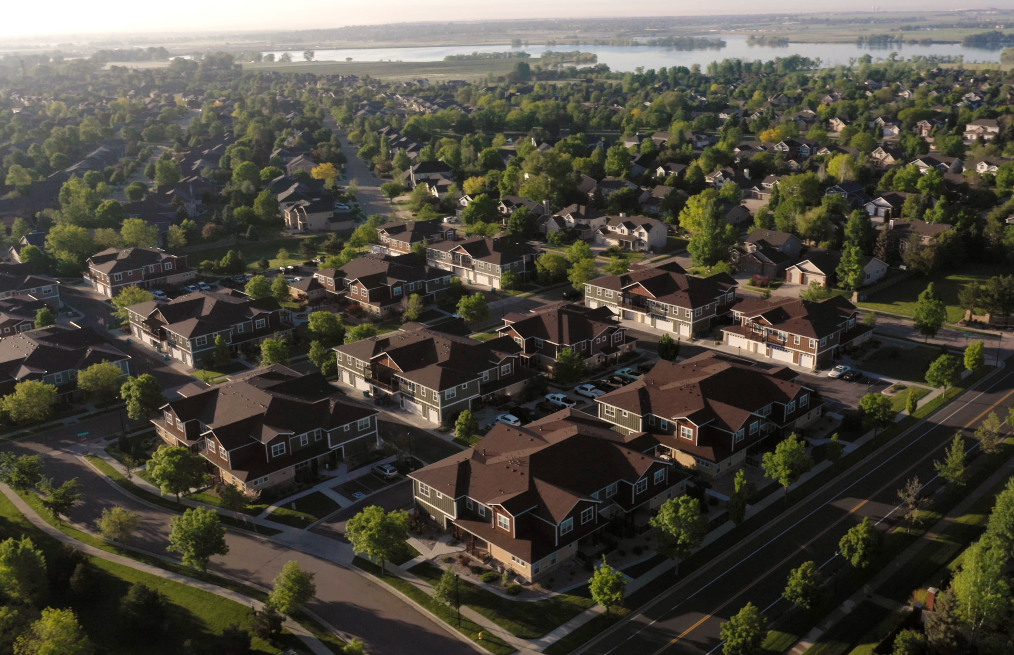 Wide aerial shot of a homes community in Northern Colorado