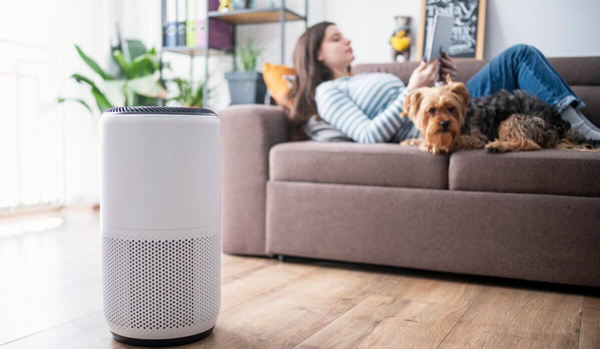 Young woman using digital tablet to set up a home air purifier while laying on a brown couch next to a dog