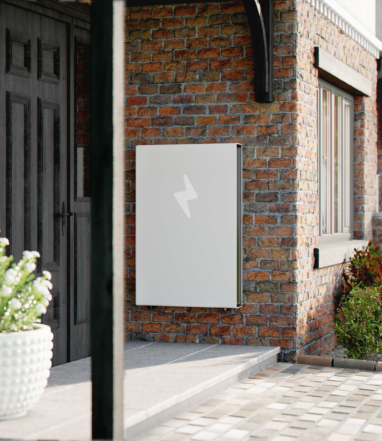 Battery storage unit installed on a side of a home