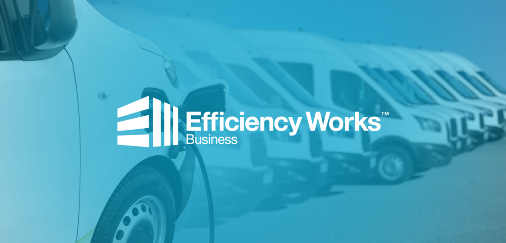 Photo of electric vehicle fleet with Efficiency Works logo overlay