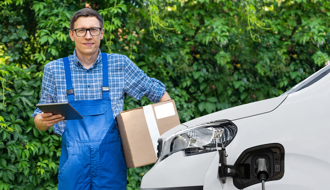 Man carrying a brown box standing next to electric van