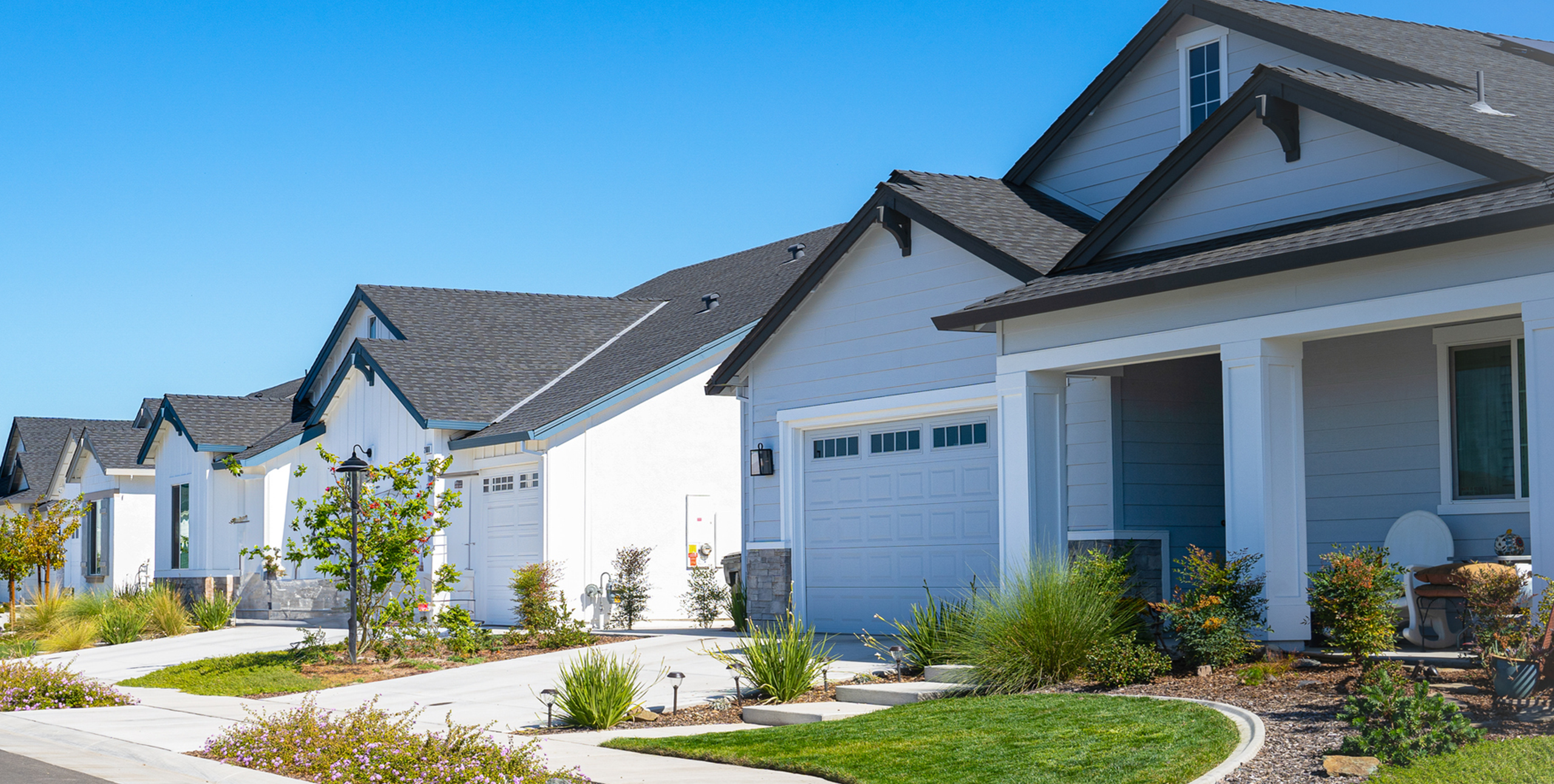 Photo of a neighborhood with all white homes and landscape