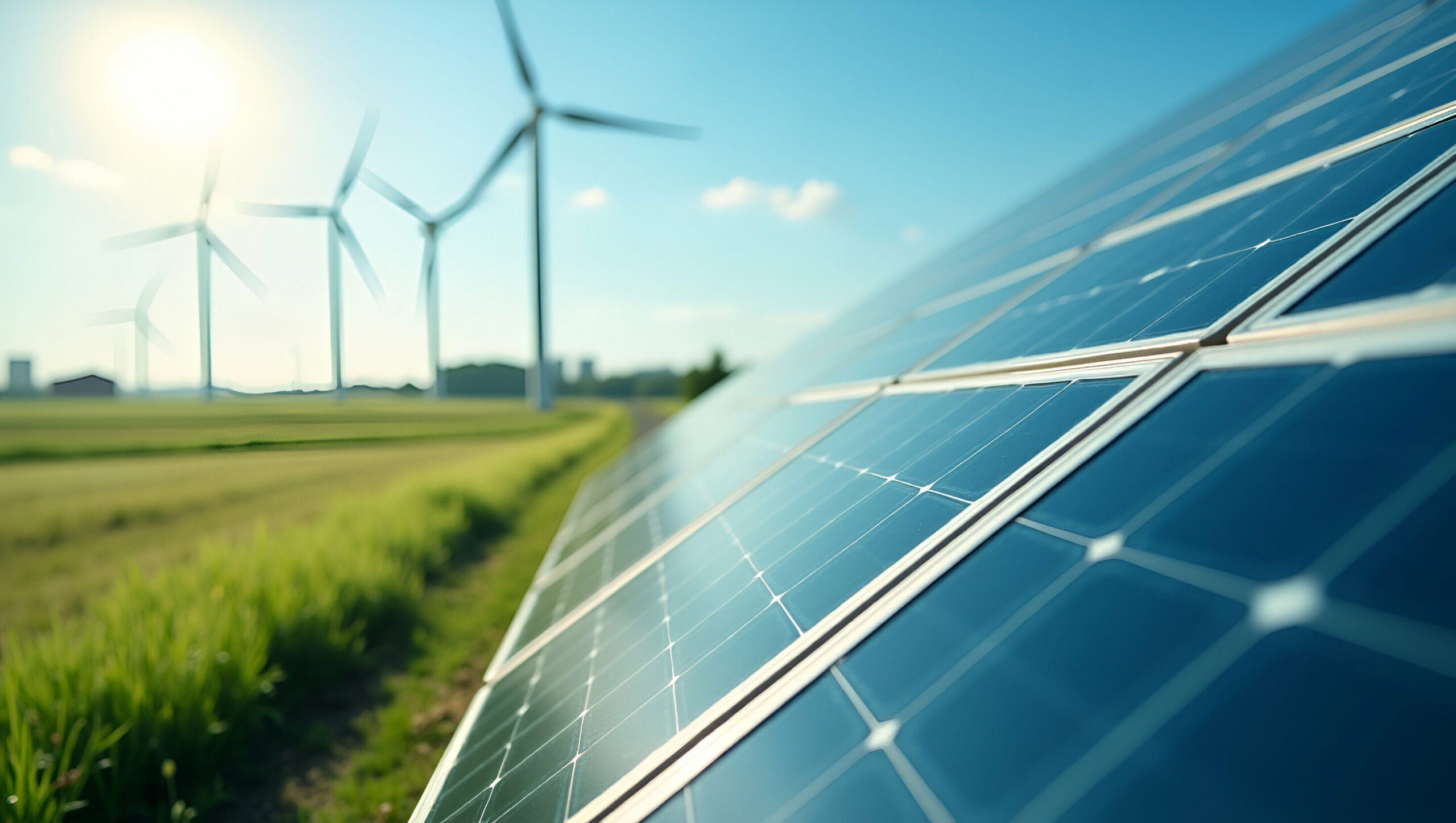 solar panel with wind turbines in the background
