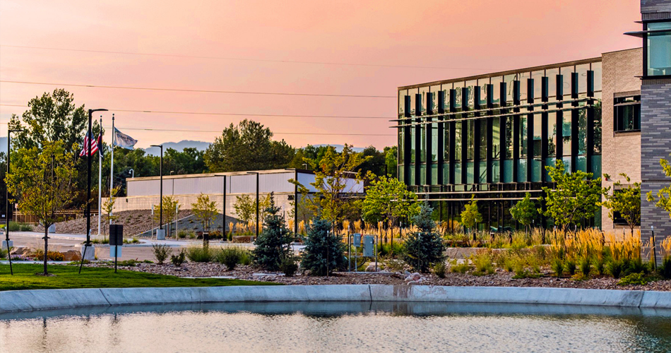 Wide shot of the exterior of Platte River Power Authority's headquarters during sunset